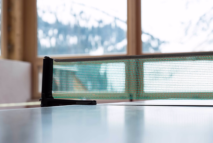 Close-up of a ping pong table net with a blurred winter view in the background
