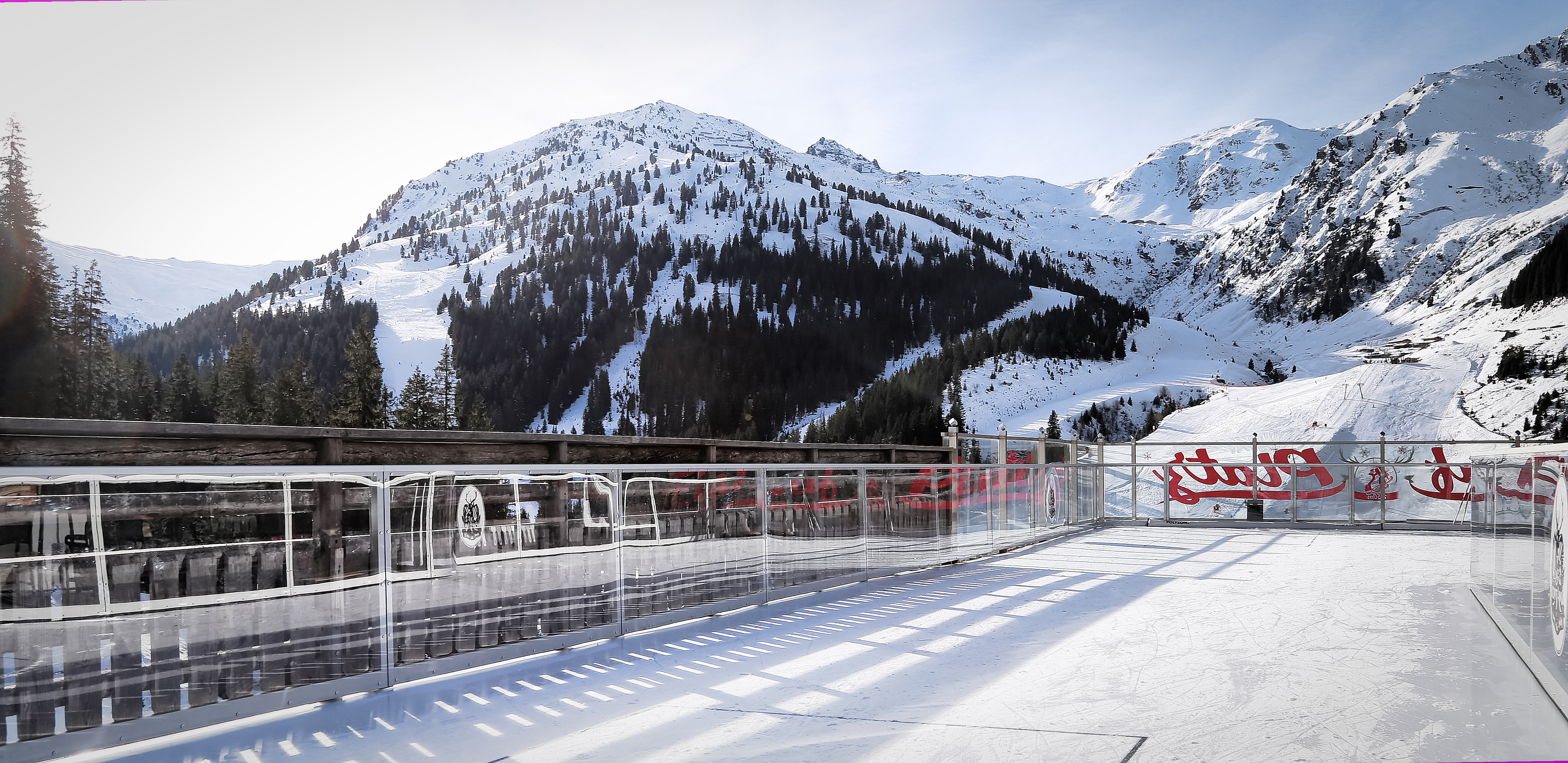 Terrace with glass railings overlooking a snow-covered mountain with pine trees.